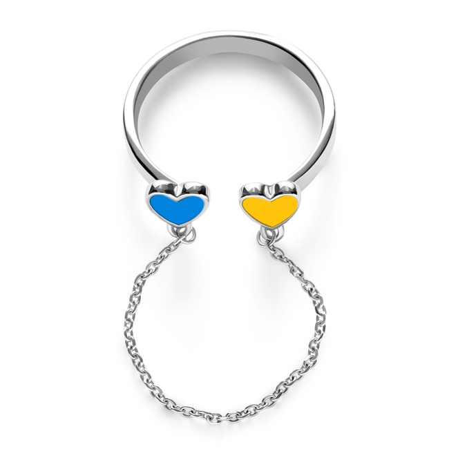 Відкрита срібна каблучка Два серця блакитне та жовте (емаль) 3101940, 18 розмір