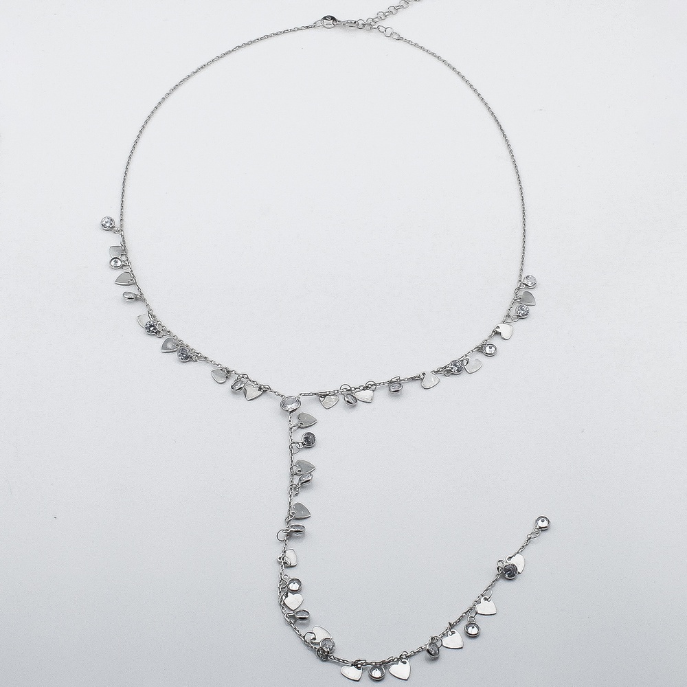 Серебряное колье-галстук с фианитами и сердечками ko14704, 40 размер